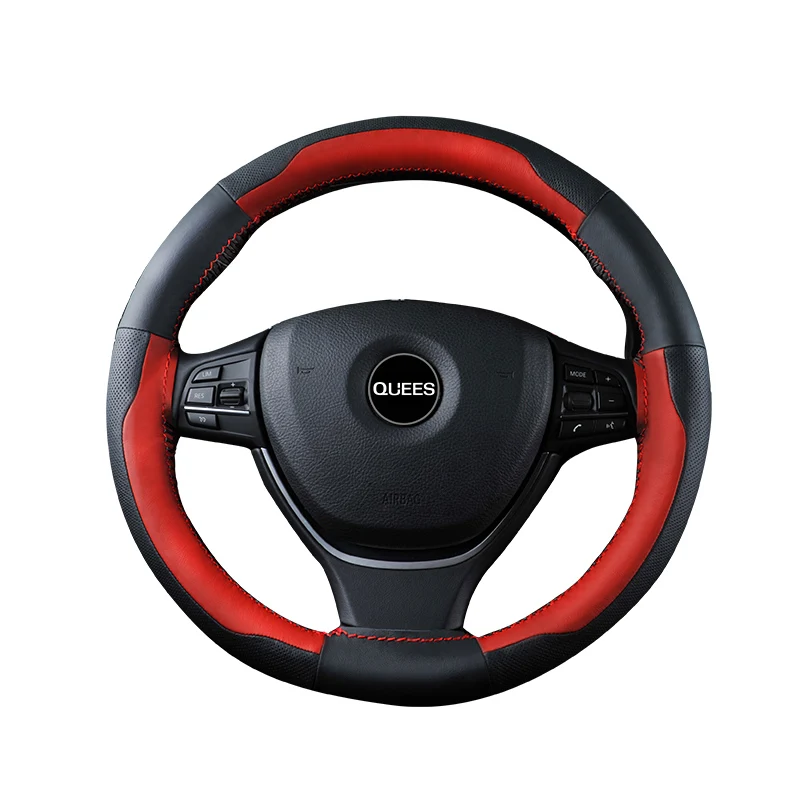 Black - Red QUEES крышка рулевого колеса из натуральной кожи с иглой и нитью для шитья вручную - Название цвета: Black - Red