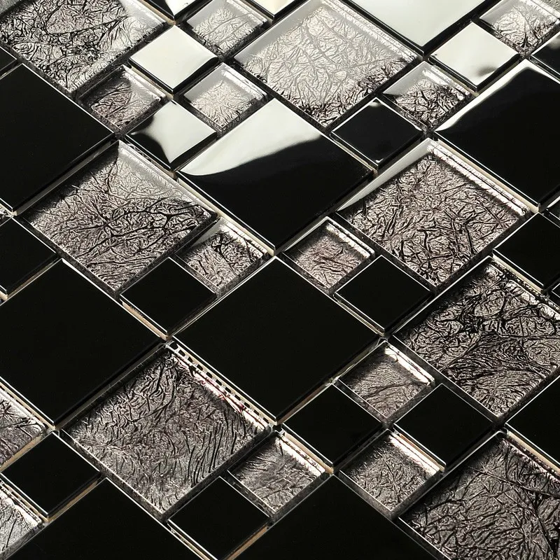 

Luxury Black Polished Stainless Steel Metal Crystal Glass Mosaic Tile for Kitchen Backsplash Bathroom background Wall tile