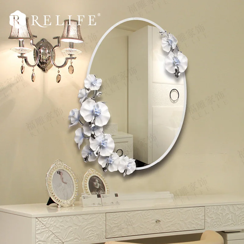 Современное овальное настенное зеркало для ванной комнаты из смолы с цветами