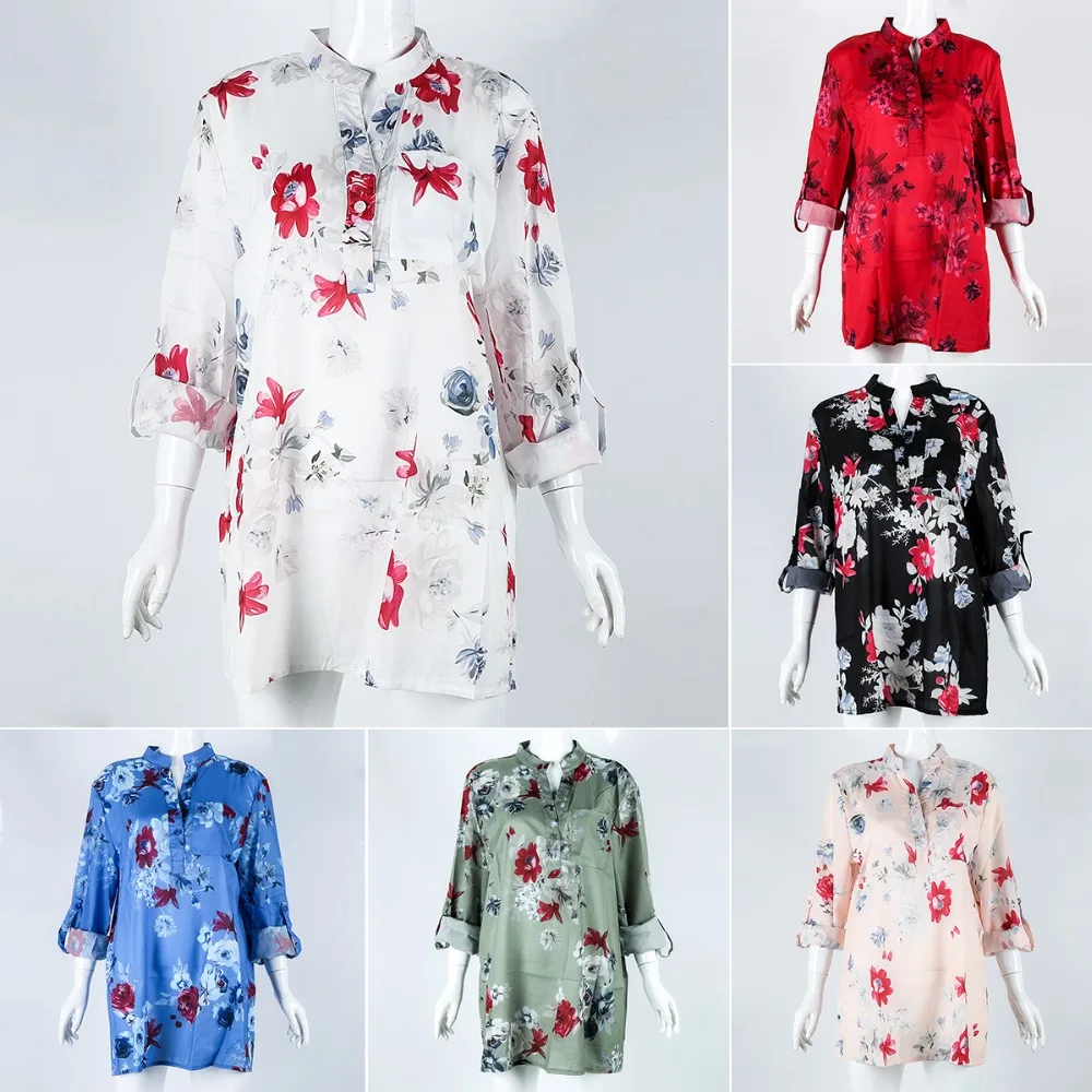 PUSEKY Women Autumn Spring Standing Collar Printed Long Sleeve Chiffon M-5XL |
