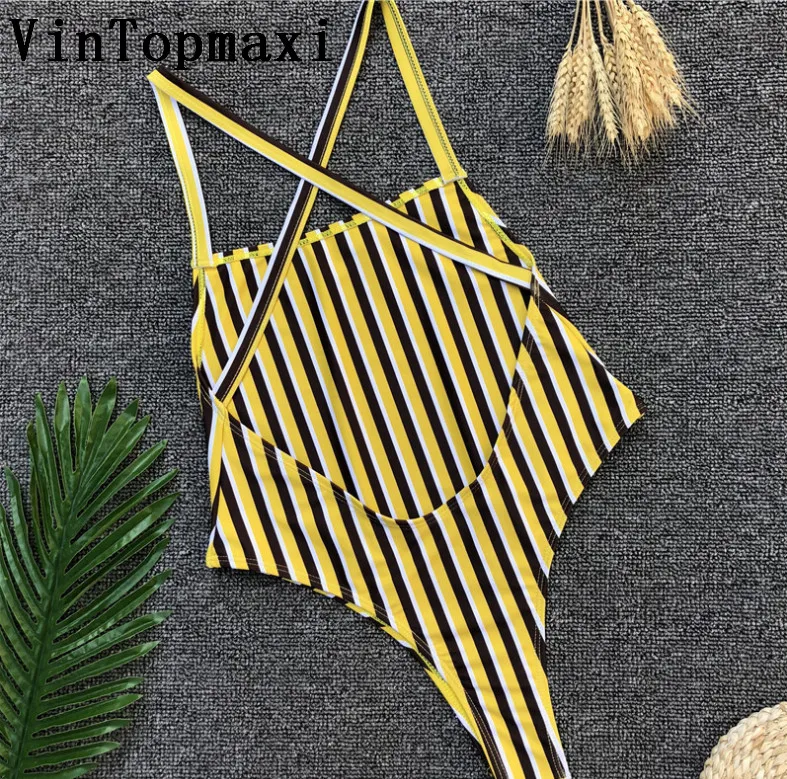 2018 стринги Цельный купальник Холтер Полосатый бразильский женский с высокой