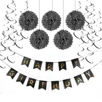 black paper decoration set happy birthday bannerfoil swirlspom poms for girls boys birthday party first birthday baby shower