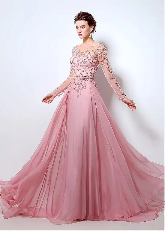 New 2017 Blushing Pink Sparkly Beaded A-line Chiffon Prom Dresses Long Sleeves Sheer Real Evening Gowns vestido de festa | Свадьбы и