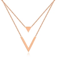 new fashion double deck triangle and v collar necklaces for women charm stainless steel rose gold color girls jewelry gift