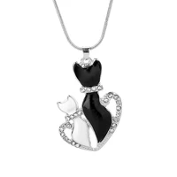 love heart white black cat necklace charm crystal long chain for women wedding jewelry cute animal necklace collier femme