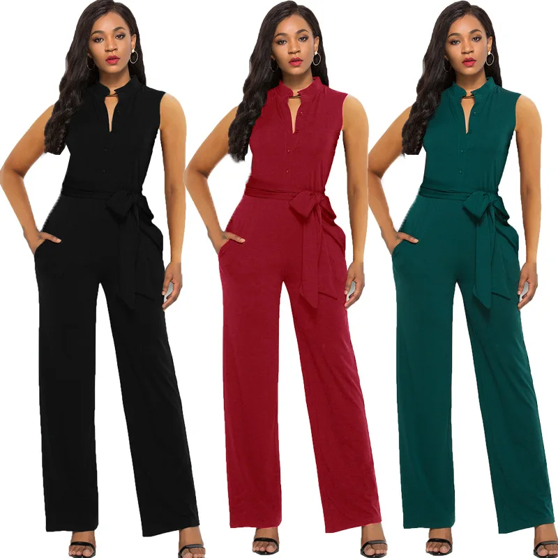 Комбинезон женский прямой без рукавов офисный ромпер с широкими штанинами и
