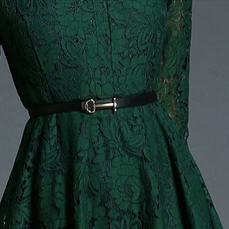 Зеленый элегантные дамы v-образным вырезом кружевное платье ремень Vetement Femme 2018