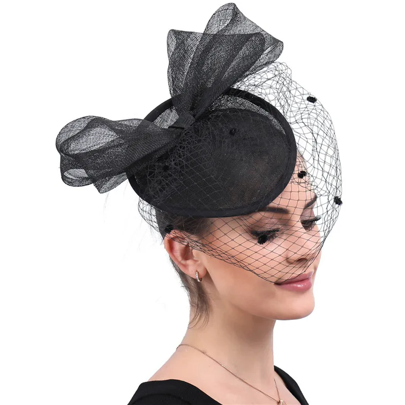 

Vintage Elegant Black Bowknot Design Wedding Cocktail Hats Dot Veils For Women Nice Banquets Ladies Church Occasion Event Race
