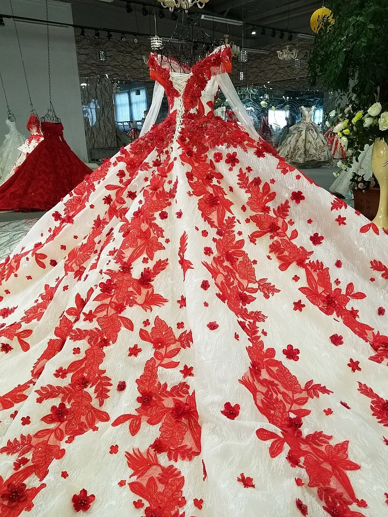 Романтическое красное кружевное свадебное платье с цветами бальные платья 2018