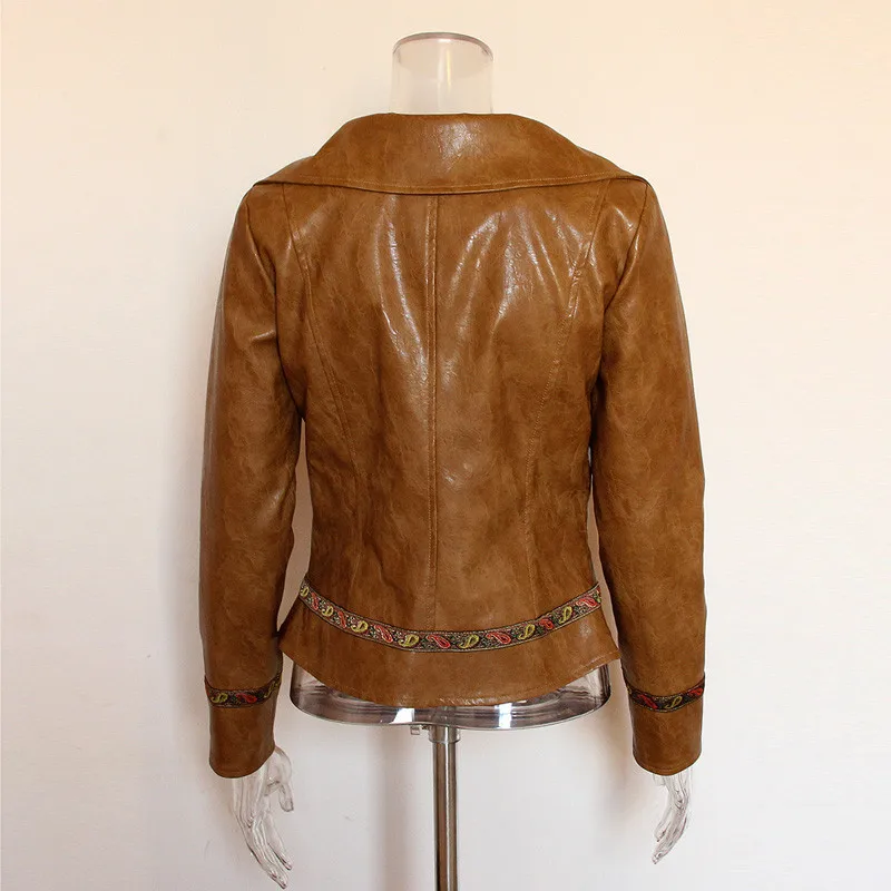 

Vintage Embroidery Faux Leather Jacket Women Pu Motorcycle Coat Female Turn-down Collar Single Breasted Punk Slim Outwear B248