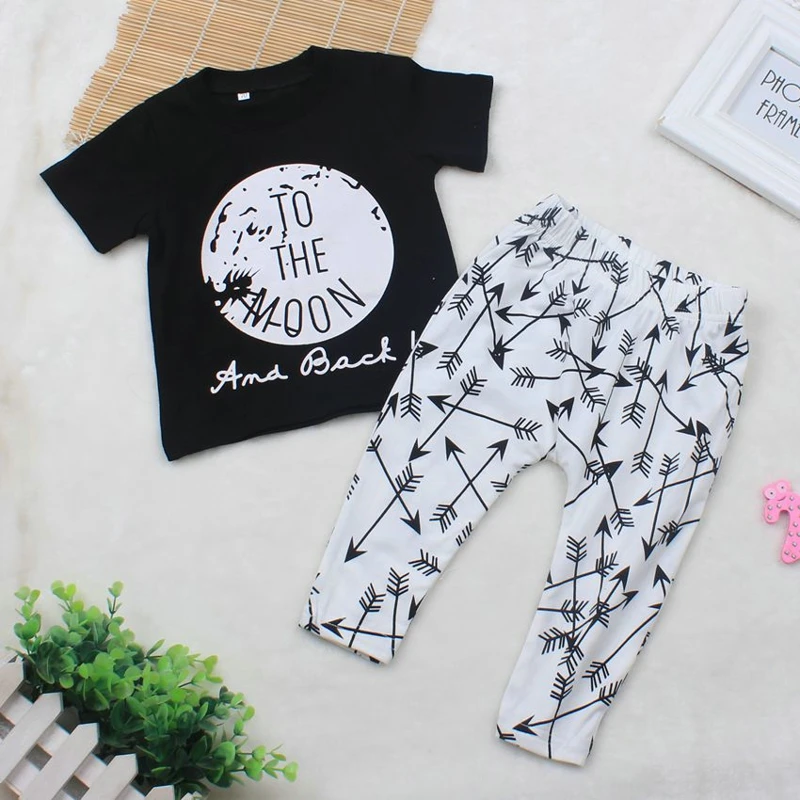 Salaher Moon arrow 2017 Autumn and summer Baby Boy Clothes Short sleeve Letter Print T-shirt+Pants Kids Clothing Sets | Детская одежда