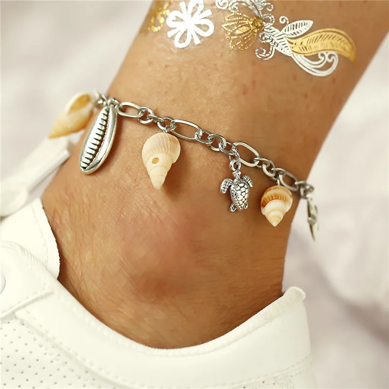 F1432 Boho Sea Shell пляжные браслеты на ногу для женщин Морская звезда Бесконечность серебряный браслет на лодыжку ноги цепь простой ножной браслет Tobilleras Conchas - Окраска металла: F1432