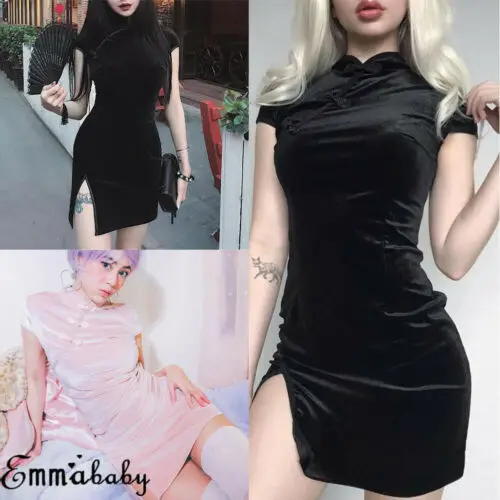 Женское Чонсам с коротким рукавом чёрное приталенное платье в стиле ретро на