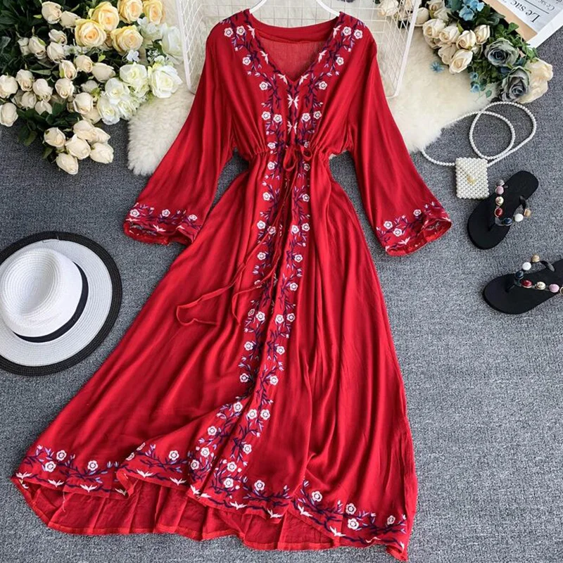 Новинка 2020 летнее платье с цветочной вышивкой на поясе женское модное богемное