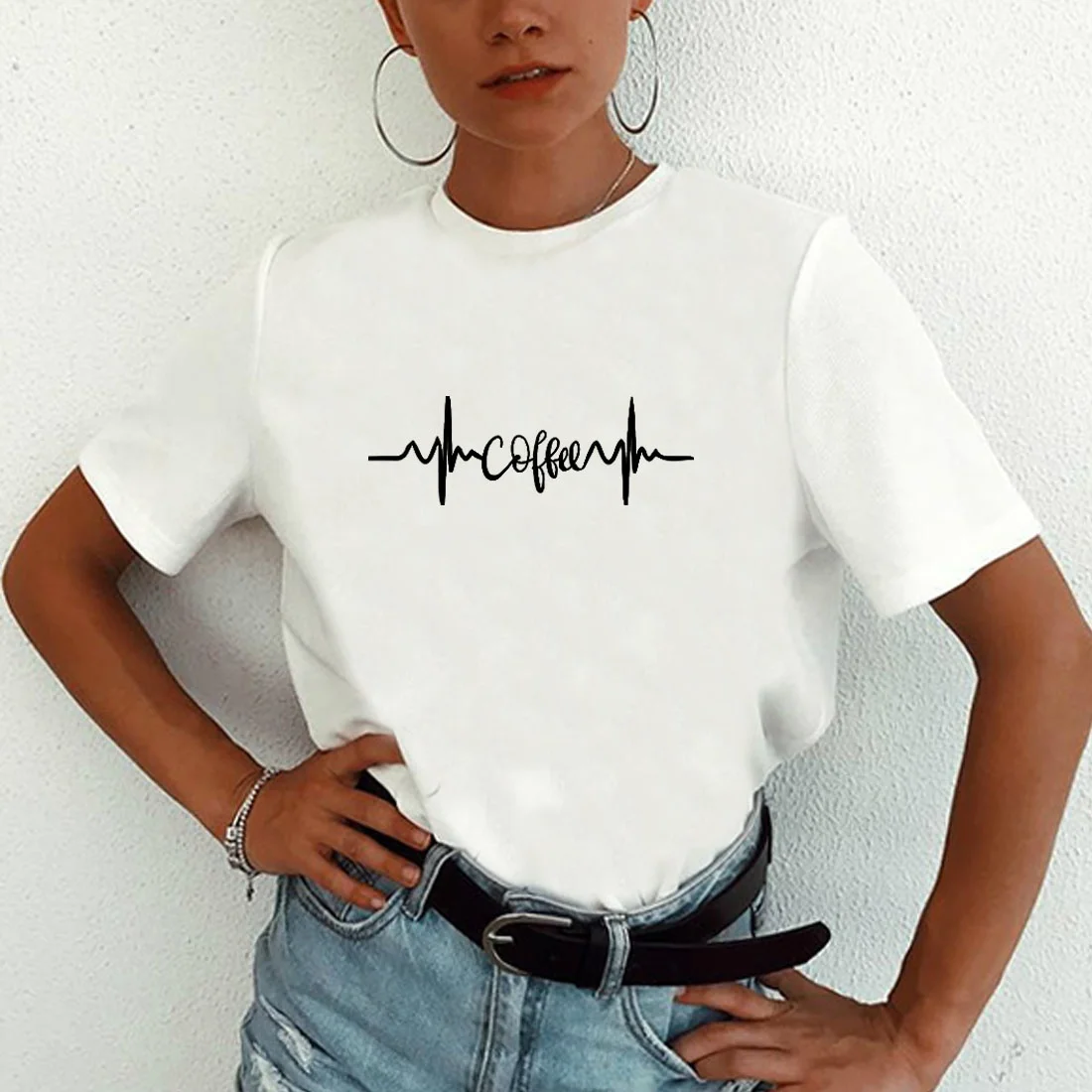 Футболка женская с рисунком сердцебиения и кофе Свободный Топ круглым вырезом