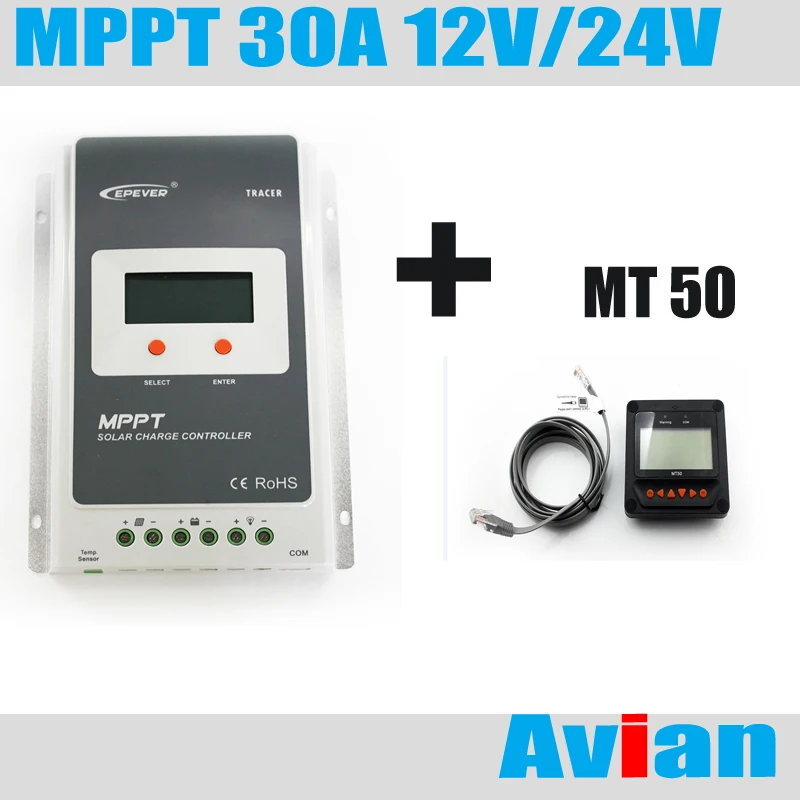 Epever 30A MPPT Контроллер заряда для фотоэлектрических систем и 12/24V Авто Tracer3210AN MT50 дистанционный измеритель управления для системы солнечных батарей