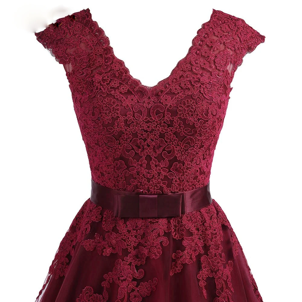 

ANTI Cheap Tea Length Burgundy Homecoming Dress 2019 Short V Neck Lace Homecoming Dress Cap Sleeves Plus Graduation Dress Gown