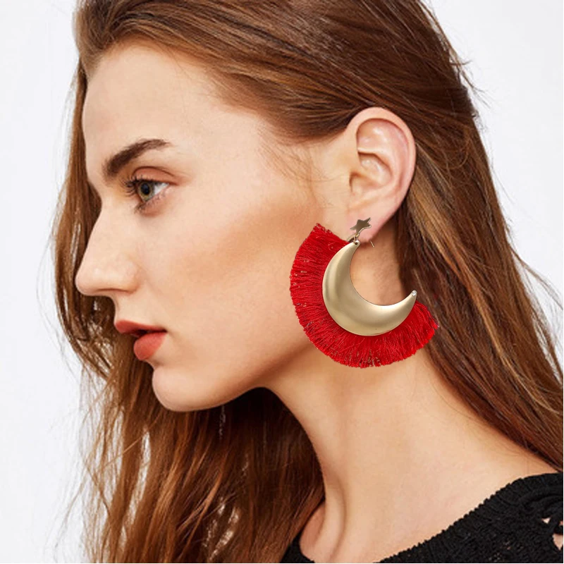 Fashion Tassel Earrings Big Moon Fringe Earings for Women Trendy Jewelry Female Style Ethnic Boho Hanging Dangle Drop | Украшения и