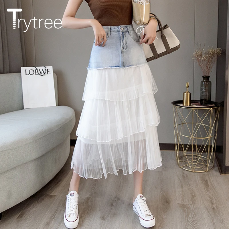 Trytree Летняя женская юбка с каскадными оборками карманами Джинсовая в стиле