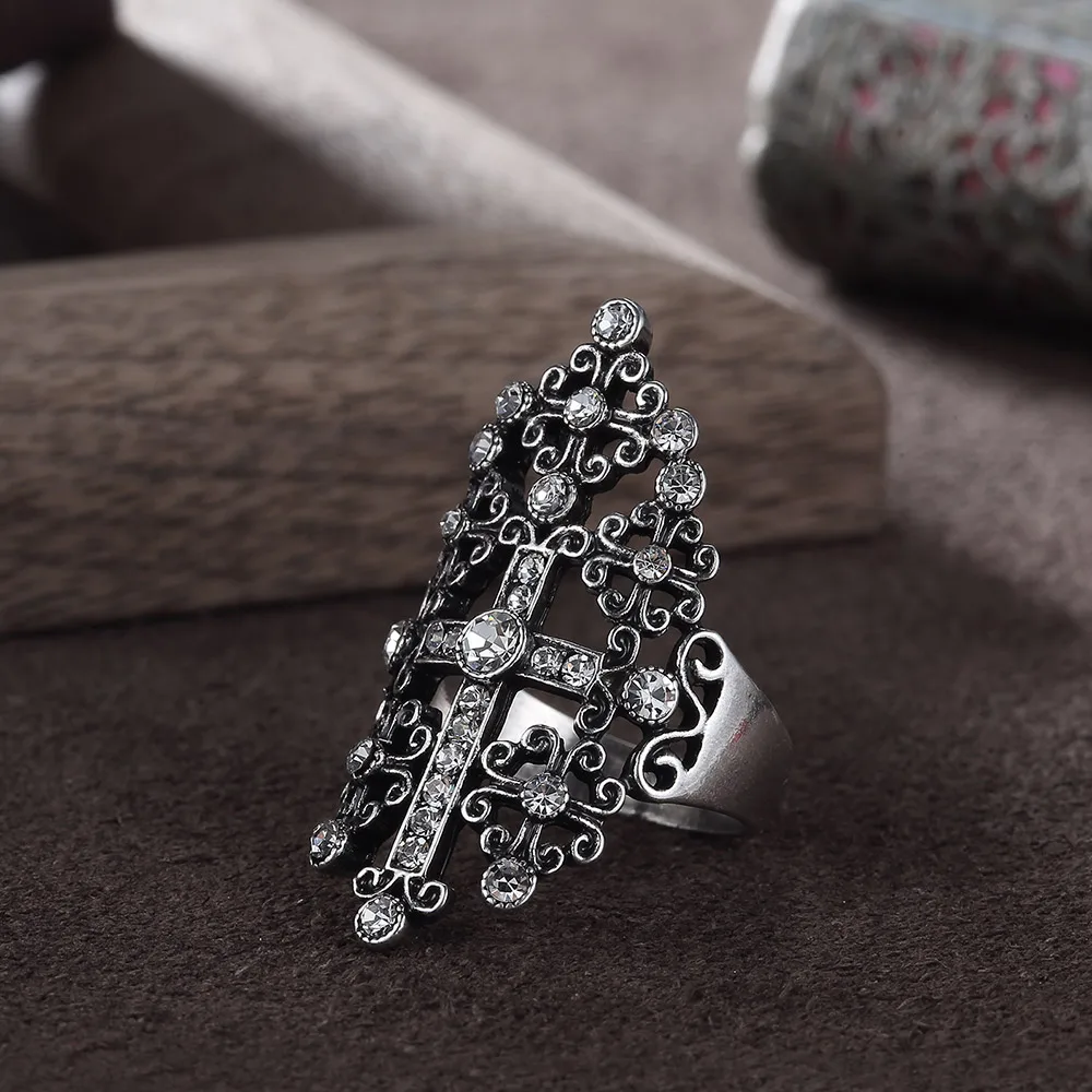 Viennois серебро Цвет Vintage Cross Кольца для женщин Ретро готический кольцо со стразами Широкий Партия кольца