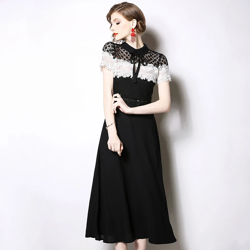 Trytree летнее платье для женщин с бантом и отложным воротником жаккардовое полым