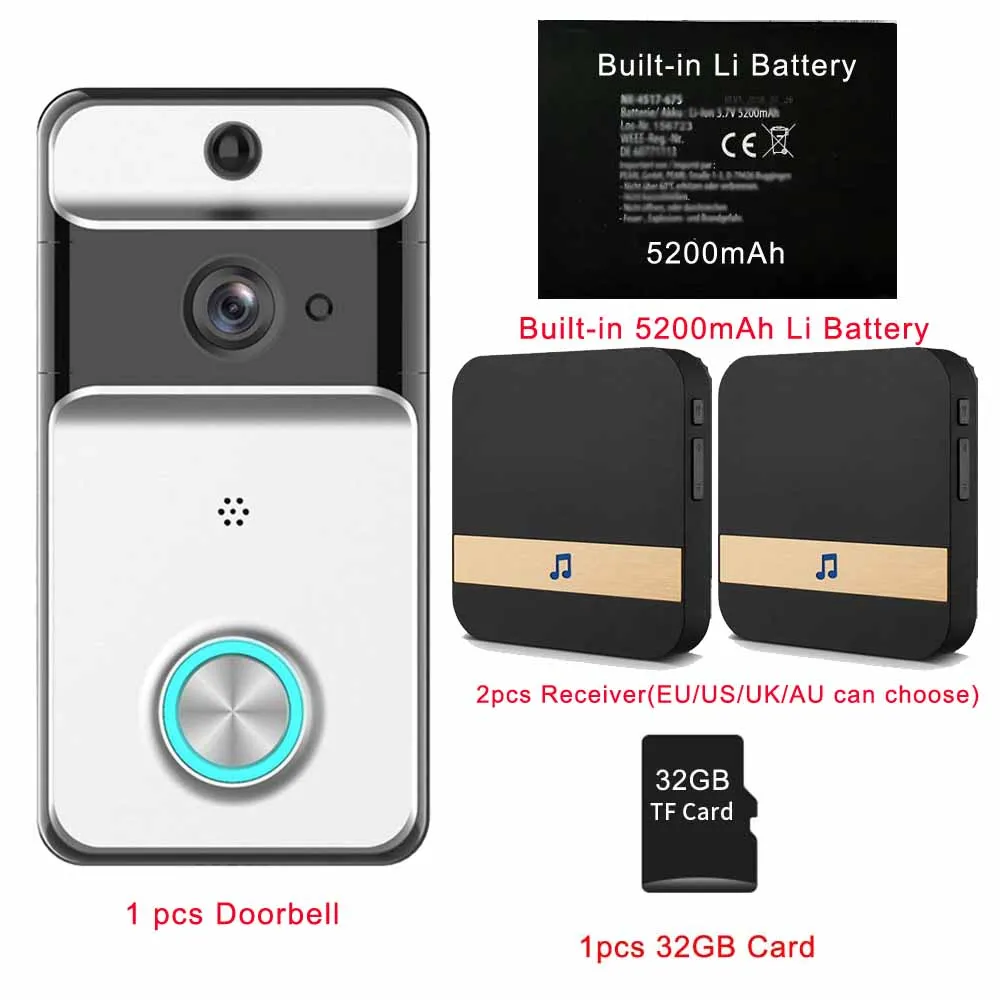 With 2 Receiver 32GB CDYCAM IP53 водонепроницаемый беспроводной дверной звонок Wifi видео домофон камера с 5200 мАч батареей EU/US/AU/UK штекер внутренний звонок - Цвет: With 2 Receiver 32GB