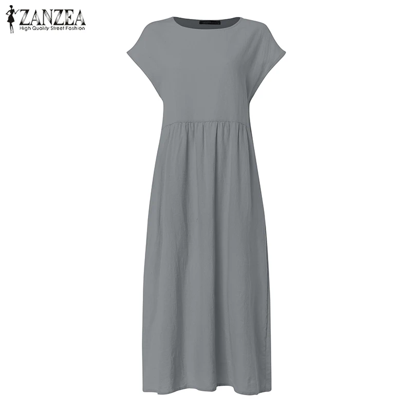 Grey ZANZEA льняное платье миди женский летний сарафан Модная рубашка с коротким рукавом Vestido элегантные женские плиссированные вечерние платья с круглым вырезом - Цвет: Grey