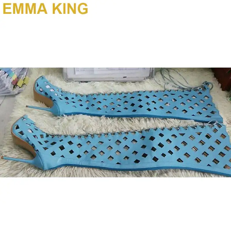 Женские босоножки выше колена синие/черные/красные из искусственной кожи с