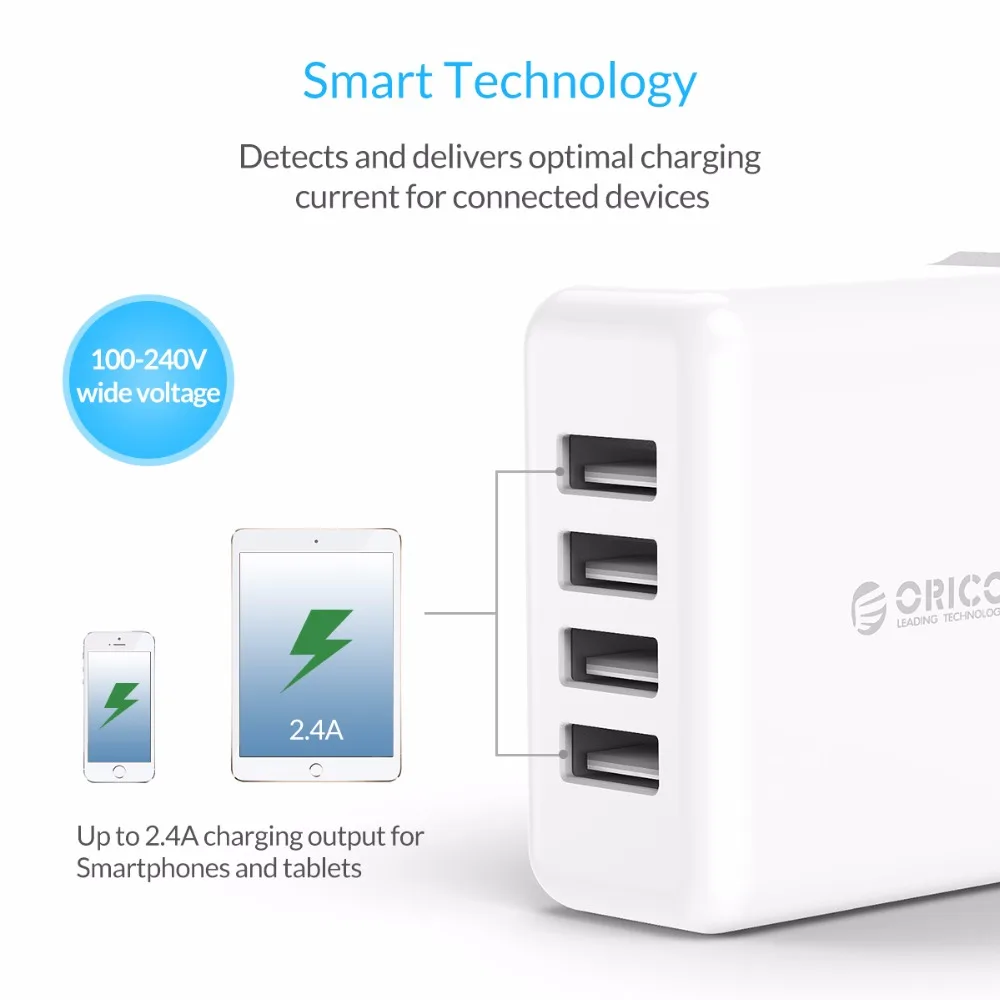 Зарядное устройство USB Tralver с конвертером EU UK AU Plug ORICO 4 порта супер зарядное 5V6. 8A34W