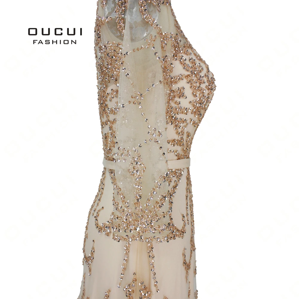 Plus Size Luxury Gown Muslim Sequined O-Neck Long Prom Dresses 2019 Full Beaded Gray Robe Soiree Tulle Gold Party Dress OL103391