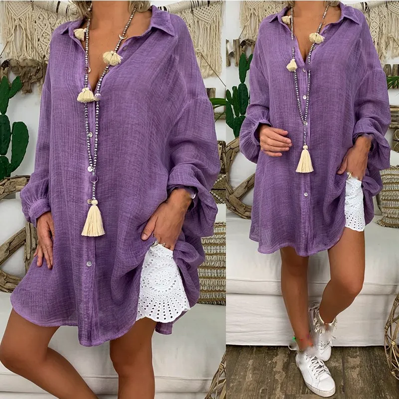 Женская свободная длинная рубашка из хлопка и льна Повседневная пляжная блузка