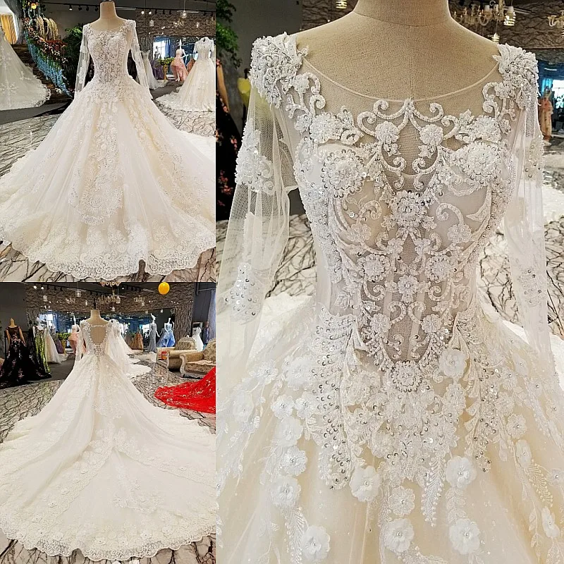 

LS00297 vestido de noiva casamento backless flowers lace ball gown ivory organza royal train luxury wedding dresses real photos