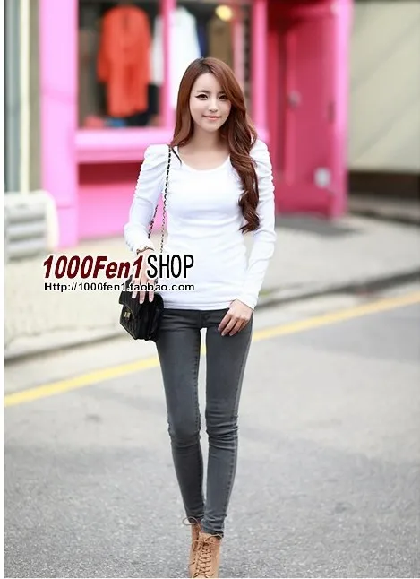 New 2014 Fashion Women's T-shirts Hot Selling Long Sleeve T Shirt Women Puff Tops Solid Print Autumn Slim Pullover 1004 | Женская
