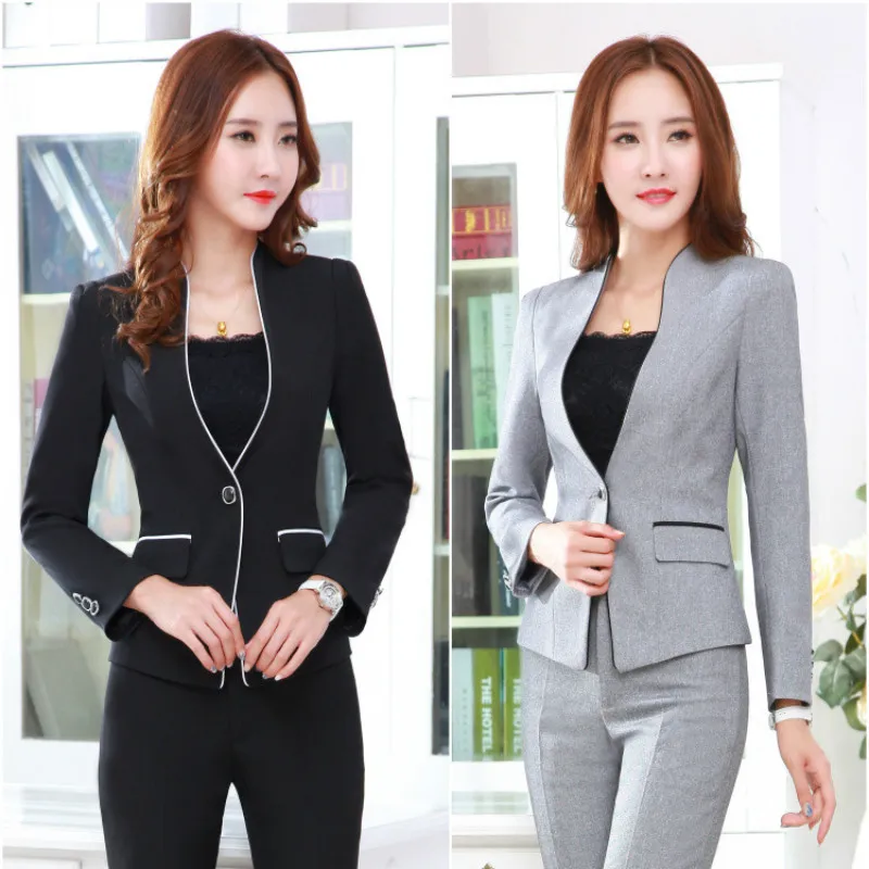 Женский Повседневный костюм Черная куртка с длинным рукавом и брюки однотонный