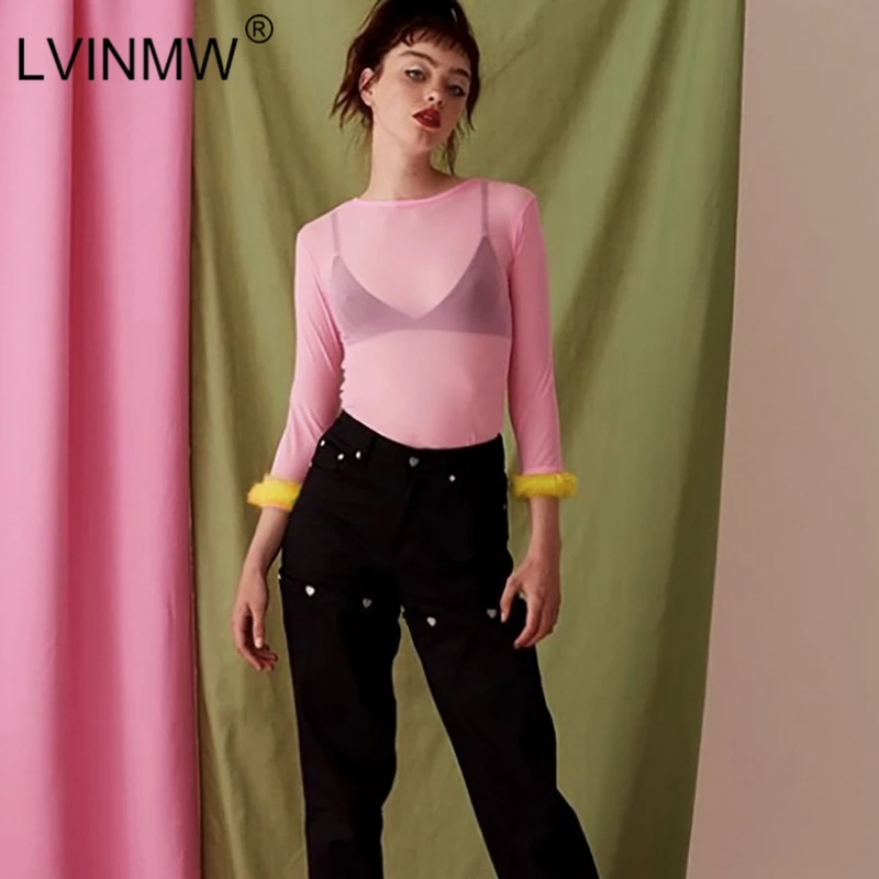 LVINMW/сексуальная розовая сетчатая Прозрачная Футболка из искусственного меха 2019