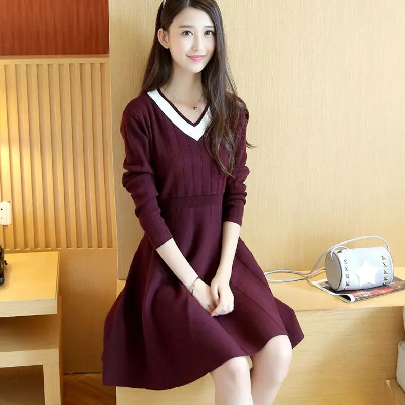 

Spring and autumn and winter season V collar large plate Slim bottoming sweater long knitted dress