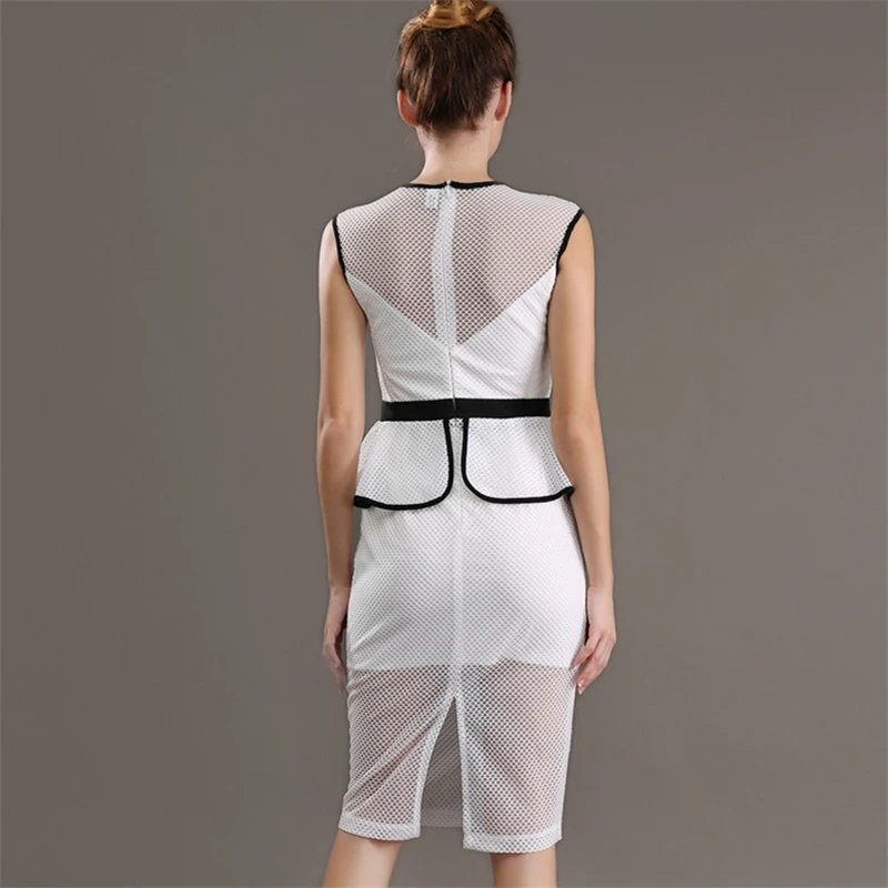 H Han Queen Mesh Dresses Women Sleeveless Hollow Out Perspective Slim Bodycon Sheath Pencil Work Casual Party Dress Vestidos | Женская