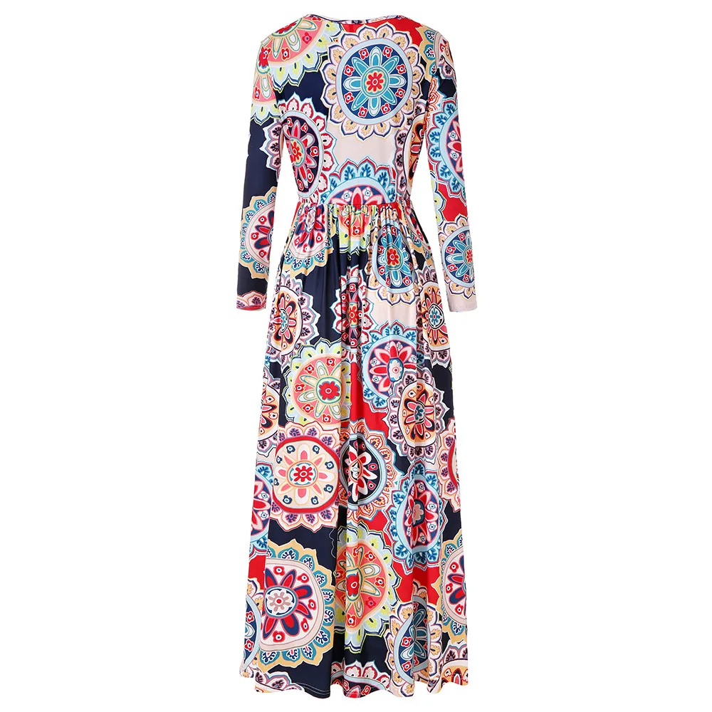 Женское длинное платье с длинными рукавами круглым вырезом перекрестным принтом