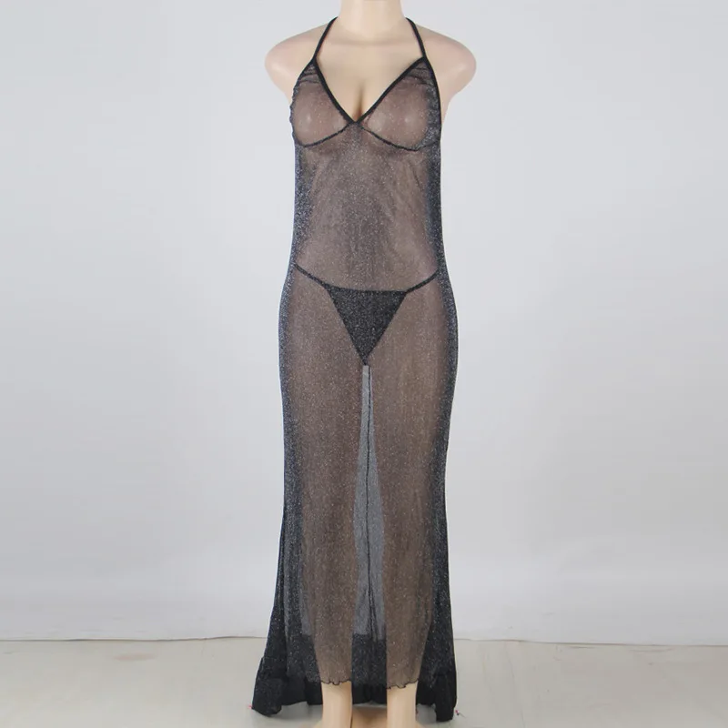 

Plus Size Women Sexy Lingerie Black Deep V Long Dress Backless Costumes Erotic Translucent Babydoll Underwear