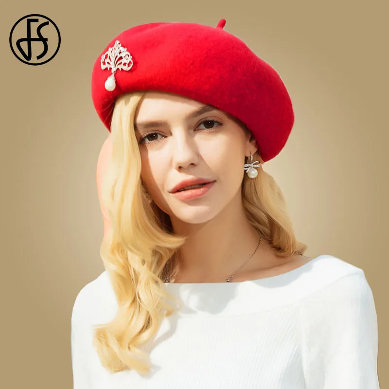 Женская винтажная вязаная шапка FS красная шерстяная берет с жемчужинами Теплая