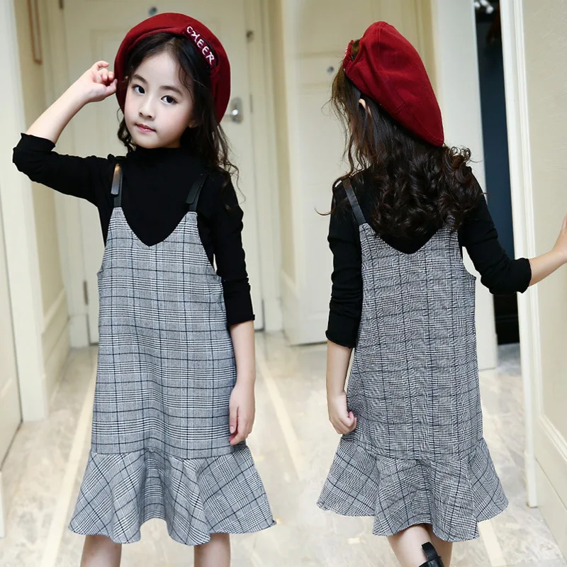 Детская одежда для девочек осень 2017 г. модная платье в клетку + футболка с длинным