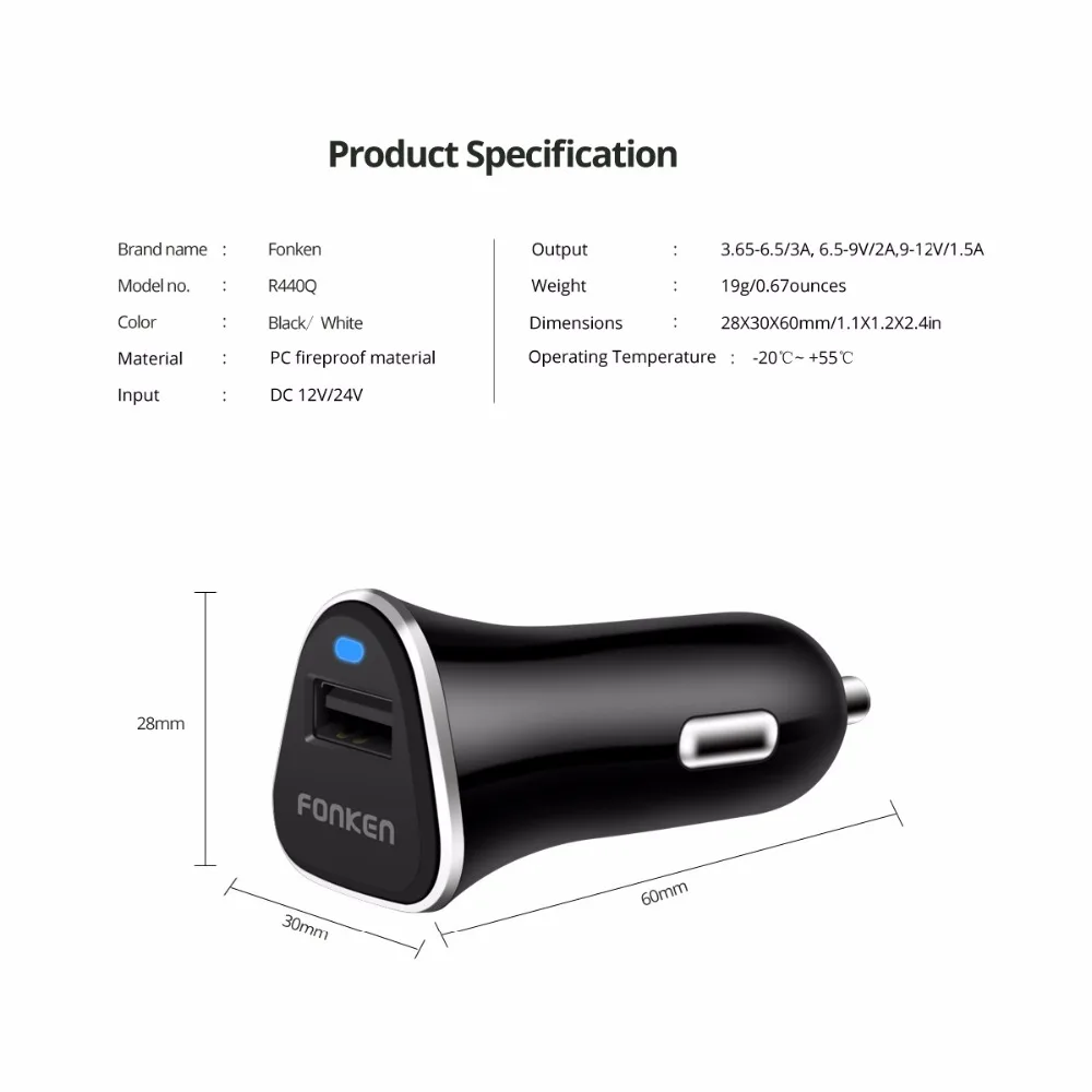 Автомобильное зарядное устройство FONKEN 12В 1 5а Quick Charge 3 0 с зарядным кабелем QC3.0