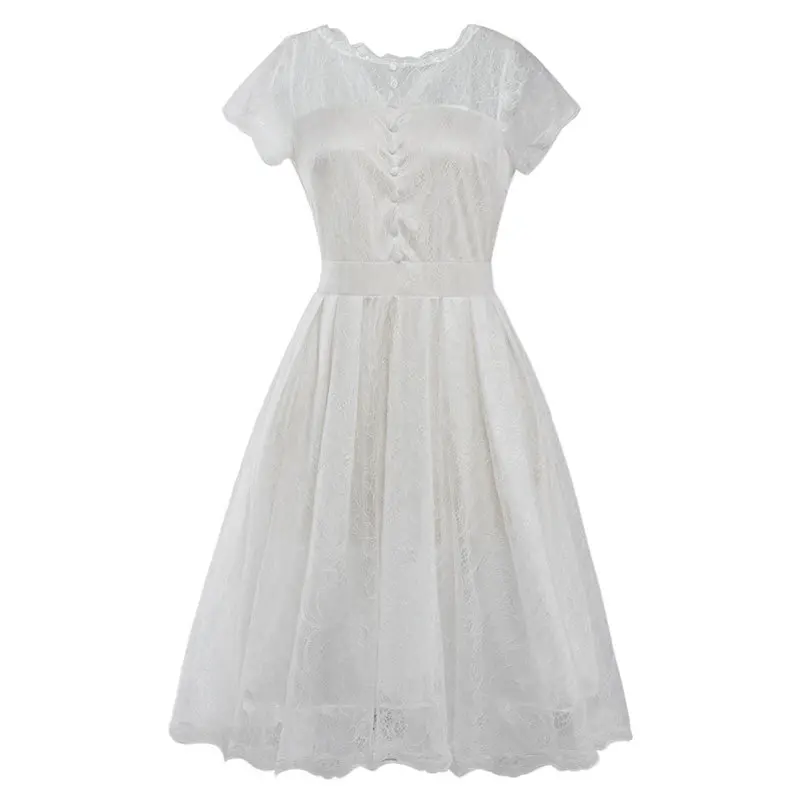 Летнее кружевное платье для женщин, белое, красное, черное, короткий рукав, а-силуэт, 50 s, 60 s, винтажные платья размера плюс, XXL, рокабилли, вечерние платья
