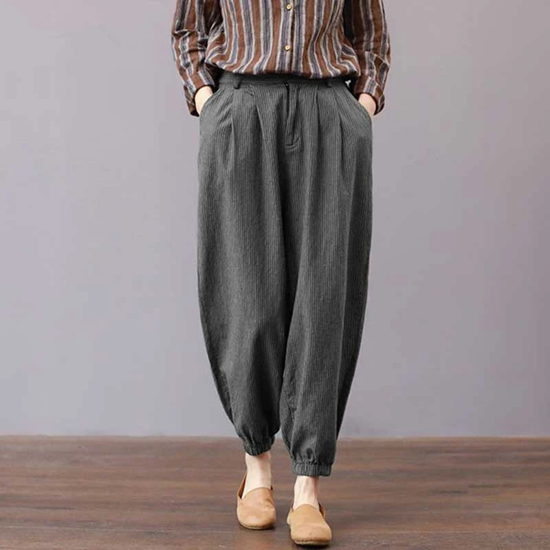 

2019 Women Spring Korean Loose Elastic Waist Pant Vertical Striped Cotton Linen Harem Pants Autumn Trousers Ankle-Length Pants