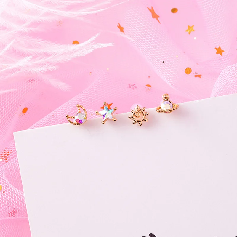 MENGJIQIAO 2019 новые корейские 4 шт/набор милые Луна Звезда Сердце асимметричные серьги