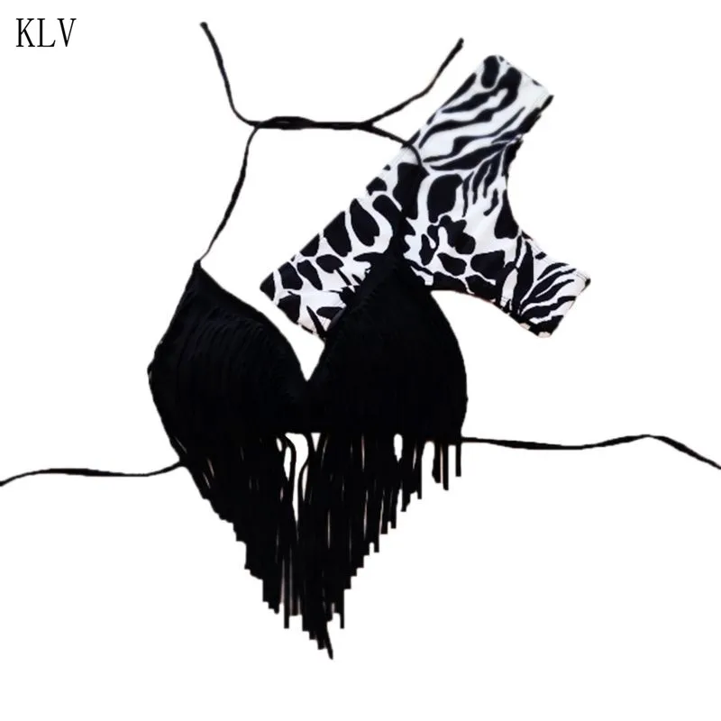 Women Sexy Bikini Set Halter V-Neck Irregular Long Tassels Bra Low Waist Retro Zebra-Stripes Leopard Printing Thong Swimsuit |