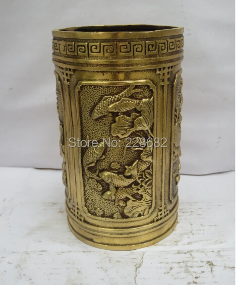 Коллекционный китайский латунный резной держатель для ручки в виде лотоса и рыбы