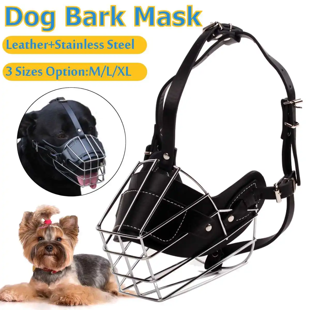 Stainless Steel Dogs Muzzle Metal Wire Basket Design Anti-biting Masks for Medium and Large Dogs Breathable Leather Safety Mask