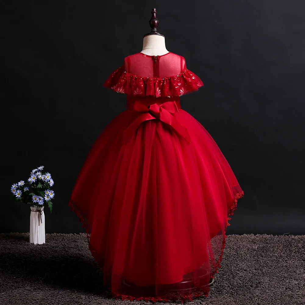 Fashion Short Front Long Back Children Birthday Party Dresses Girls New Red White Purple Flower Girl Wedding Dress for Kids | Детская