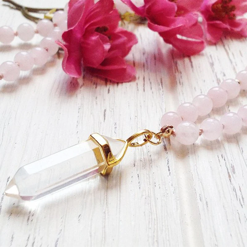 108 Mala Beads Necklace Crystal Jewelry Rose Q-uartz Pink Knotted Yoga Gift For Women Girl | Украшения и аксессуары
